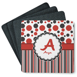 Red & Black Dots & Stripes Square Rubber Backed Coasters - Set of 4 (Personalized)