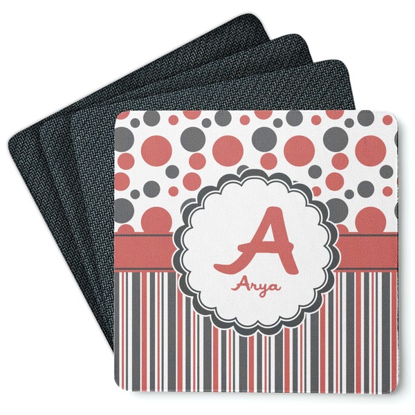 Custom Red & Black Dots & Stripes Square Rubber Backed Coasters - Set of 4 (Personalized)