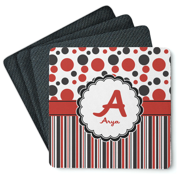 Custom Red & Black Dots & Stripes Square Rubber Backed Coasters - Set of 4 (Personalized)
