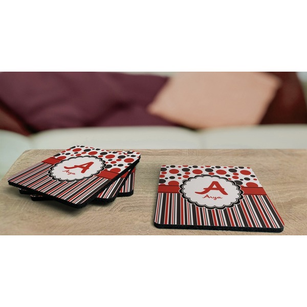 Red & Black Dots & Stripes Coaster Rubber Back - On Coffee Table