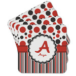 Red & Black Dots & Stripes Cork Coaster - Set of 4 w/ Name and Initial