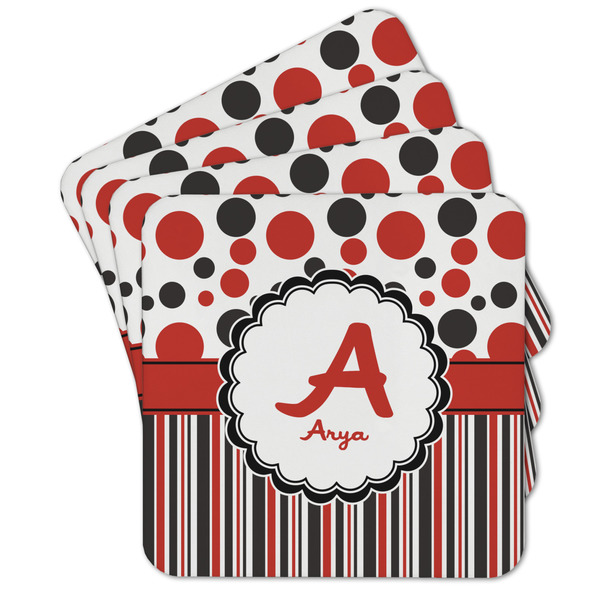 Custom Red & Black Dots & Stripes Cork Coaster - Set of 4 w/ Name and Initial