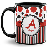 Red & Black Dots & Stripes 11 Oz Coffee Mug - Black (Personalized)