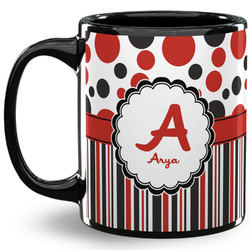 Red & Black Dots & Stripes 11 Oz Coffee Mug - Black (Personalized)