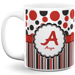 Red & Black Dots & Stripes 11 Oz Coffee Mug - White (Personalized)