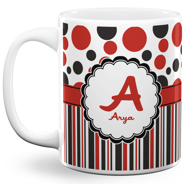 Custom Red & Black Dots & Stripes 11 Oz Coffee Mug - White (Personalized)