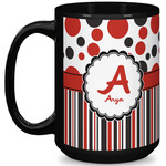 Red & Black Dots & Stripes 15 Oz Coffee Mug - Black (Personalized)