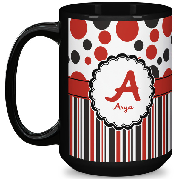 Custom Red & Black Dots & Stripes 15 Oz Coffee Mug - Black (Personalized)