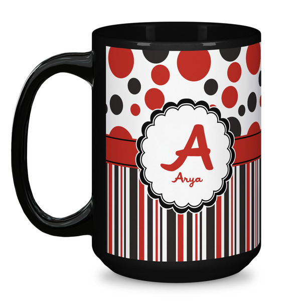 Red & Black Dots & Stripes Coffee Mug - 15 oz - Black
