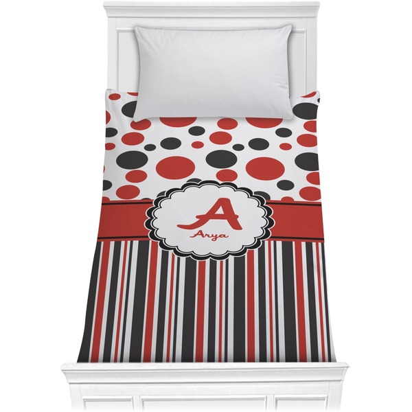 Custom Red & Black Dots & Stripes Comforter - Twin XL (Personalized)
