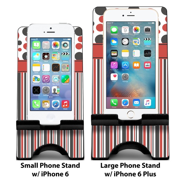 Red & Black Dots & Stripes Compare Phone Stand Sizes - with iPhones