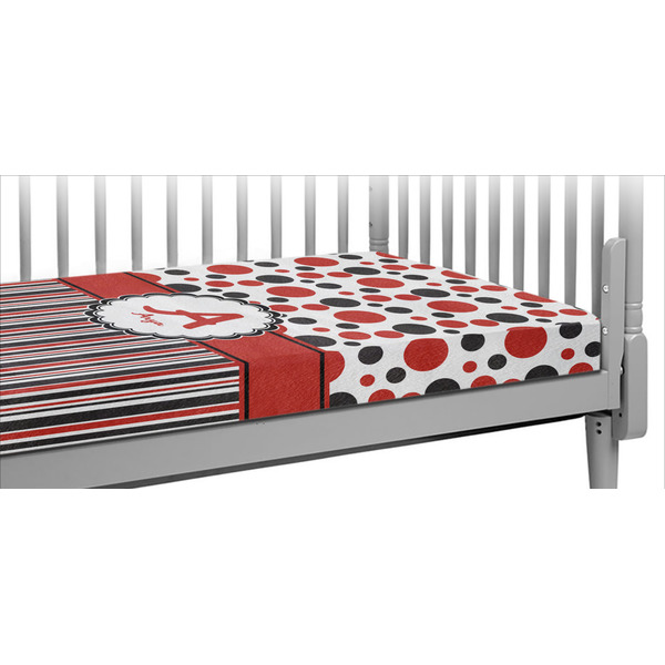Custom Red & Black Dots & Stripes Crib Fitted Sheet w/ Name and Initial