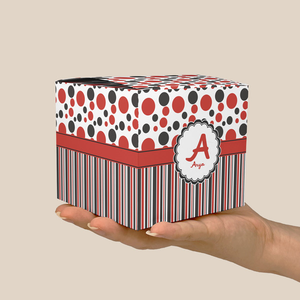 Red & Black Dots & Stripes Cube Favor Gift Box - On Hand - Scale View