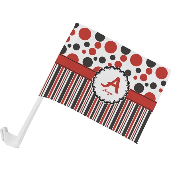 Custom Red & Black Dots & Stripes Car Flag - Small w/ Name and Initial
