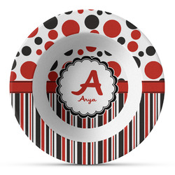 Red & Black Dots & Stripes Plastic Bowl - Microwave Safe - Composite Polymer (Personalized)