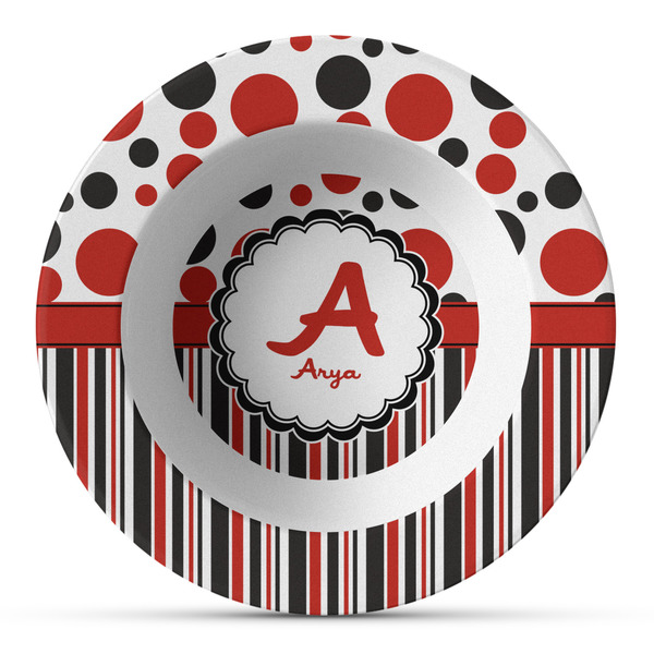 Custom Red & Black Dots & Stripes Plastic Bowl - Microwave Safe - Composite Polymer (Personalized)