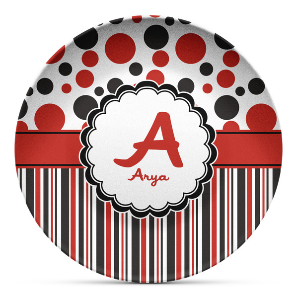 Custom Red & Black Dots & Stripes Microwave Safe Plastic Plate - Composite Polymer (Personalized)
