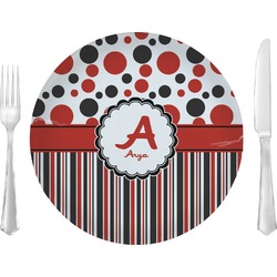 Red & Black Dots & Stripes 10" Glass Lunch / Dinner Plates - Single or Set (Personalized)