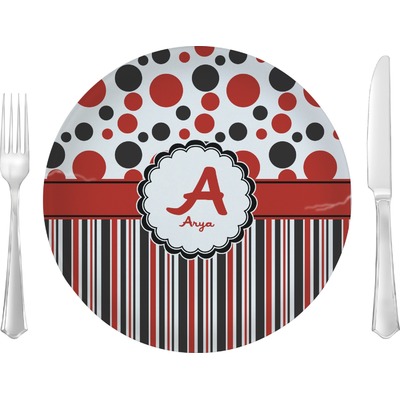 Custom Red & Black Dots & Stripes 10" Glass Lunch / Dinner Plates - Single or Set (Personalized)