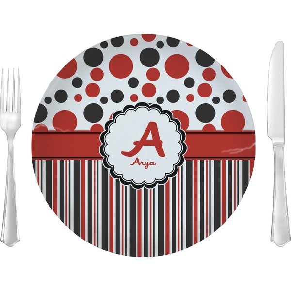Custom Red & Black Dots & Stripes Glass Lunch / Dinner Plate 10" (Personalized)
