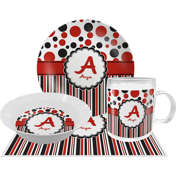 Custom Red & Black Dots & Stripes Dinner Set - Single 4 Pc Setting w/ Name and Initial