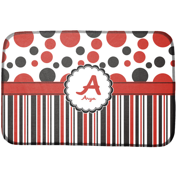 Custom Red & Black Dots & Stripes Dish Drying Mat w/ Name and Initial