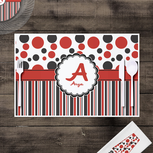 Red & Black Dots & Stripes Disposable Paper Placemat - In Context
