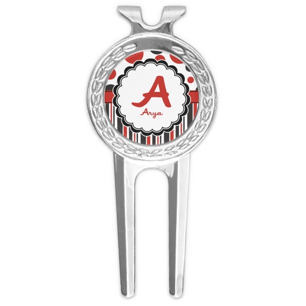 Custom Red & Black Dots & Stripes Golf Divot Tool & Ball Marker (Personalized)