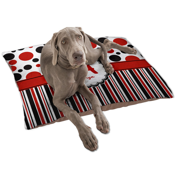 Custom Red & Black Dots & Stripes Dog Bed - Large w/ Name and Initial