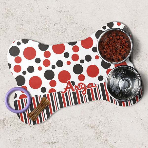Red & Black Dots & Stripes Dog Bone Shaped Mat Lifestyle