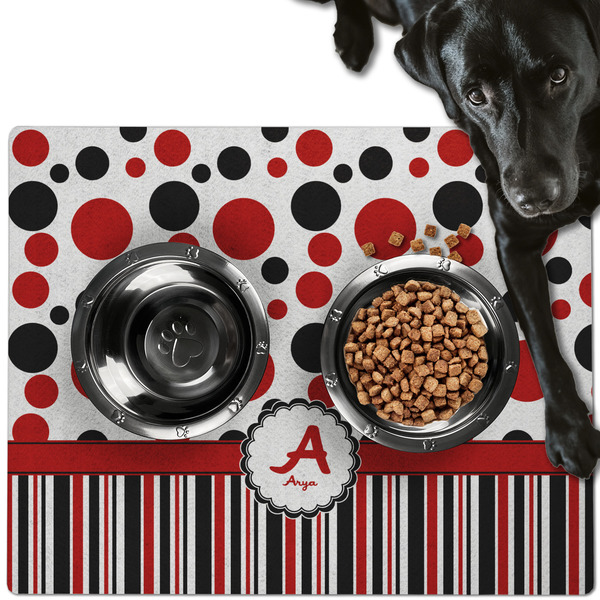 Custom Red & Black Dots & Stripes Dog Food Mat - Large w/ Name and Initial