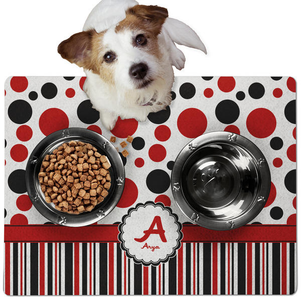 Custom Red & Black Dots & Stripes Dog Food Mat - Medium w/ Name and Initial