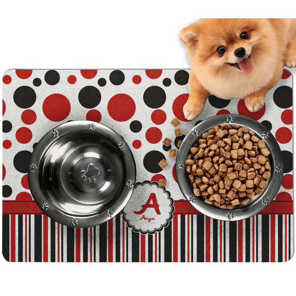 Custom Red & Black Dots & Stripes Dog Food Mat - Small w/ Name and Initial