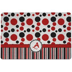 Red & Black Dots & Stripes Dog Food Mat w/ Name and Initial