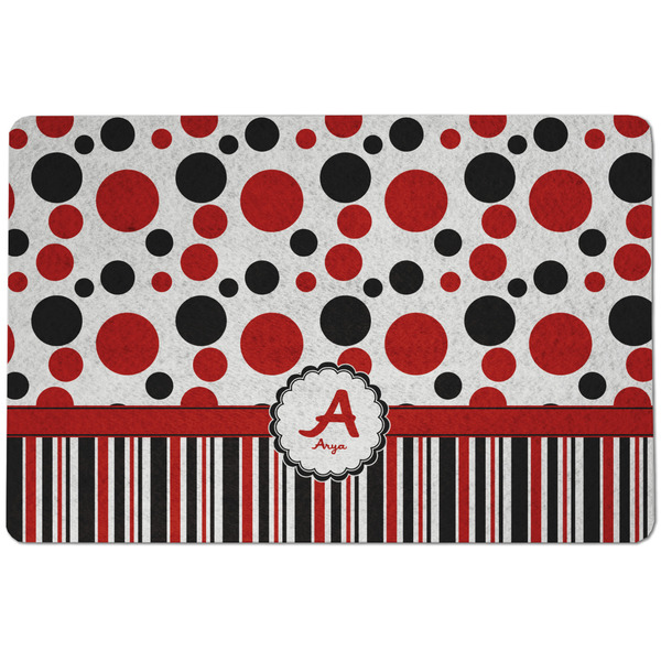 Custom Red & Black Dots & Stripes Dog Food Mat w/ Name and Initial