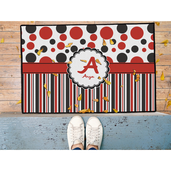Red & Black Dots & Stripes Door Mat - LIFESTYLE (Med)