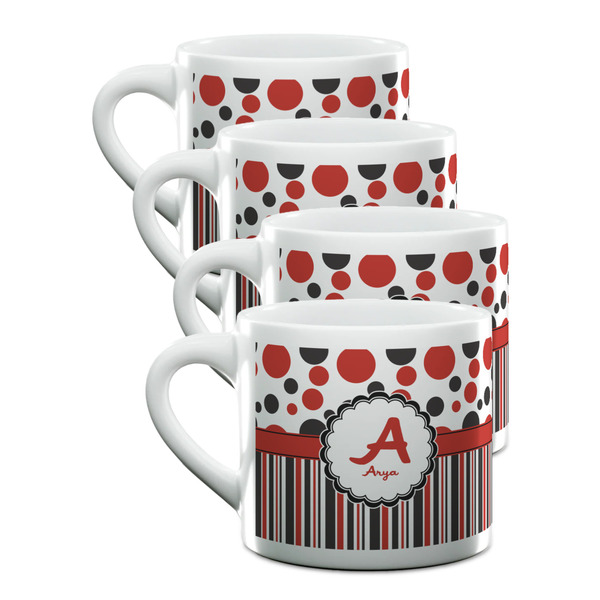 Custom Red & Black Dots & Stripes Double Shot Espresso Cups - Set of 4 (Personalized)