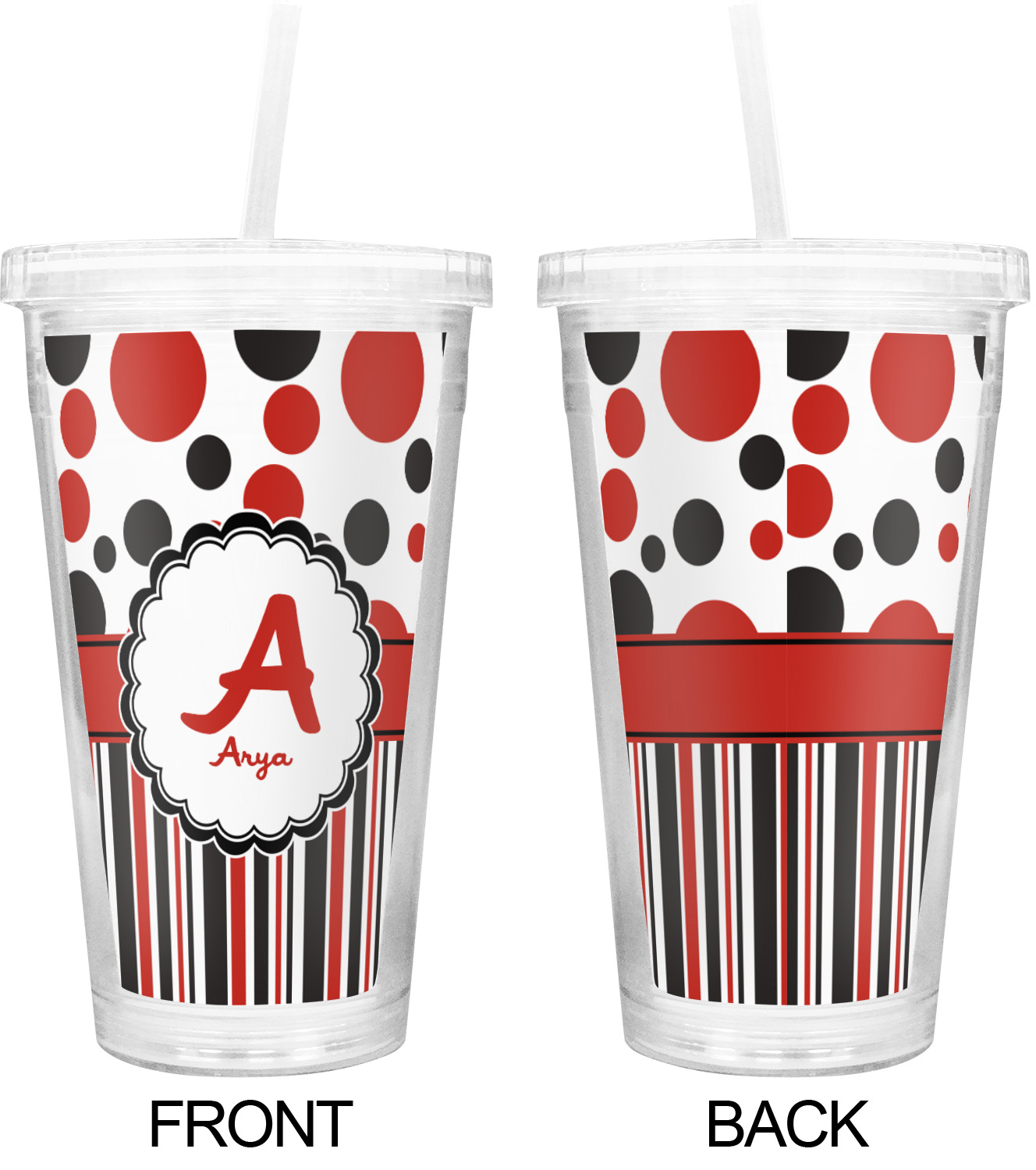 Red & Black Dots & Stripes Double Wall Tumbler with Straw (Personalized