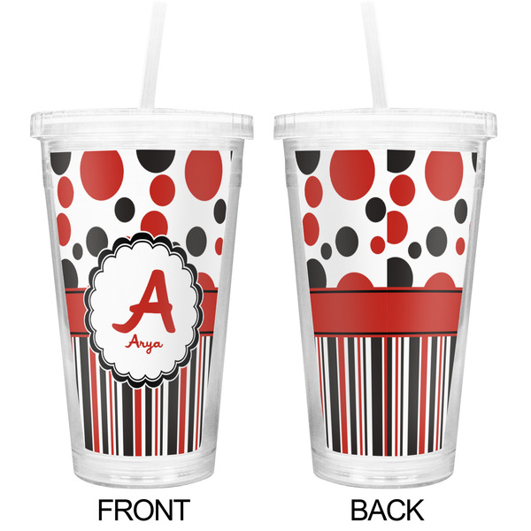 Red & Black Dots & Stripes Double Wall Tumbler with Straw - Approval