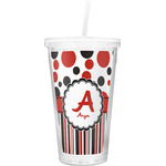 Red & Black Dots & Stripes Double Wall Tumbler with Straw (Personalized)