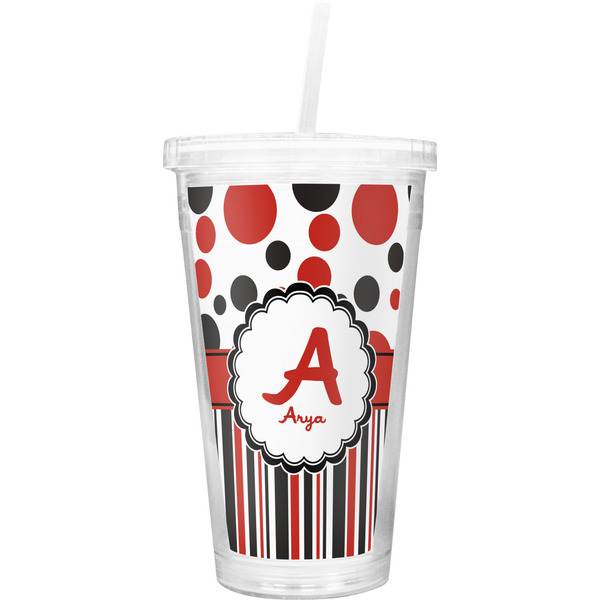 Custom Red & Black Dots & Stripes Double Wall Tumbler with Straw (Personalized)
