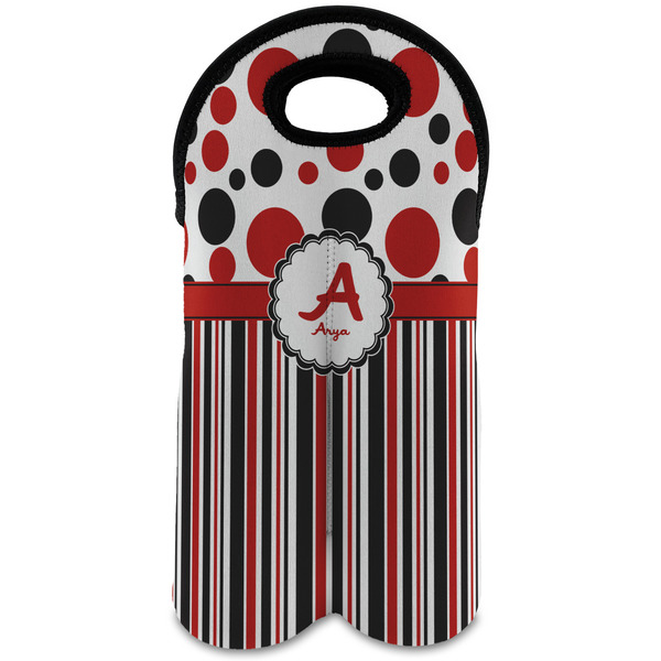 Custom Red & Black Dots & Stripes Wine Tote Bag (2 Bottles) (Personalized)