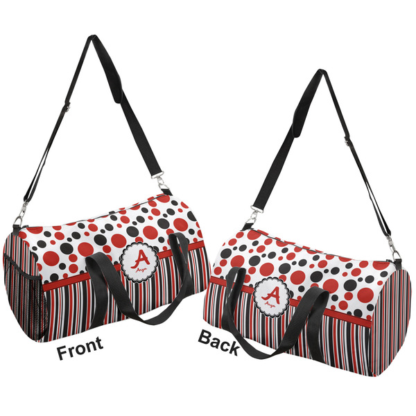 Red & Black Dots & Stripes Duffle bag large front and back sides