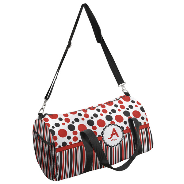 Custom Red & Black Dots & Stripes Duffel Bag (Personalized)