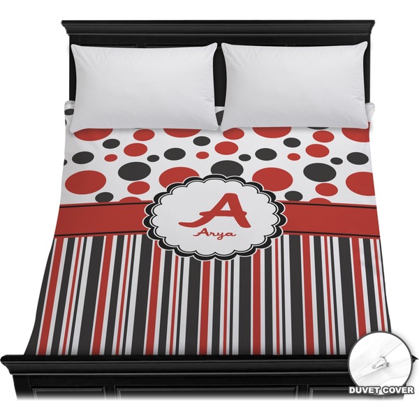 Custom Red & Black Dots & Stripes Duvet Cover - Full / Queen (Personalized)
