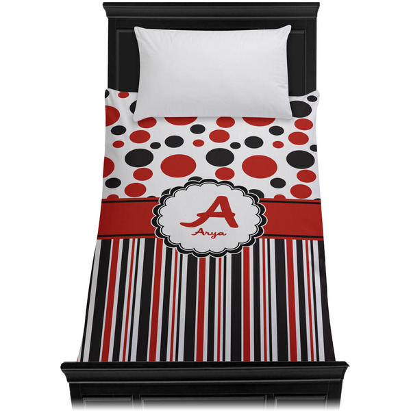 Red & Black Dots & Stripes Duvet Cover - Twin - On Bed - No Prop