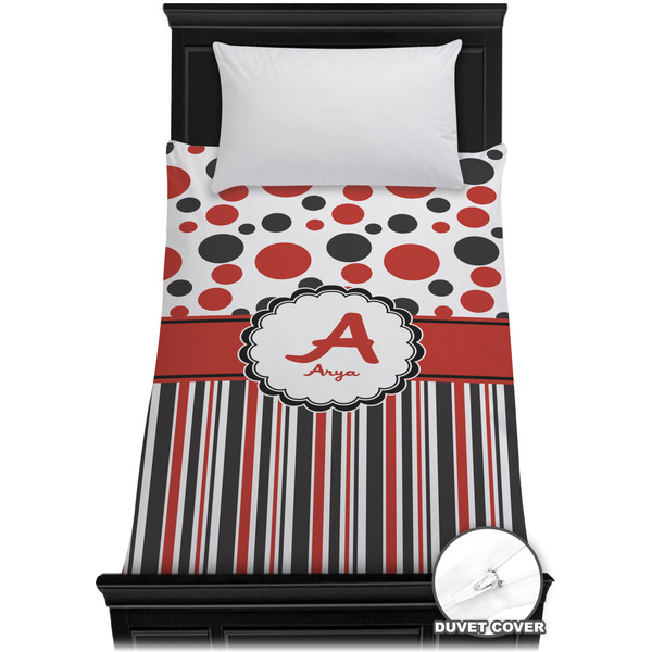 Custom Red & Black Dots & Stripes Duvet Cover - Twin XL (Personalized)