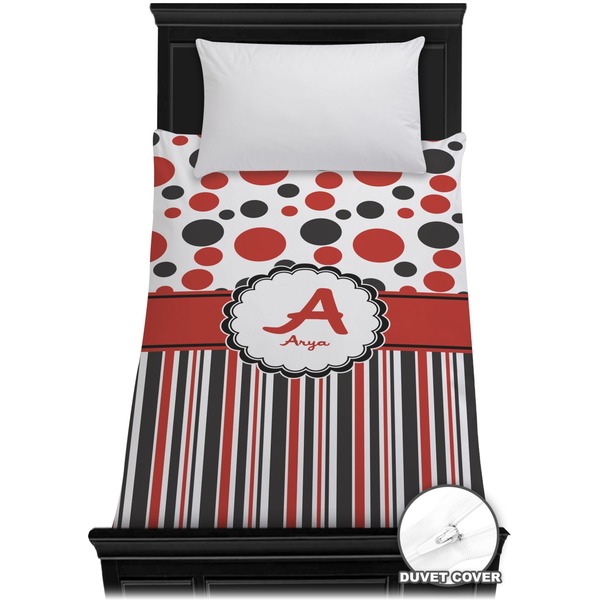 Custom Red & Black Dots & Stripes Duvet Cover - Twin (Personalized)