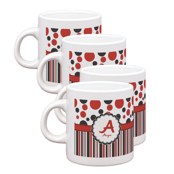 Custom Red & Black Dots & Stripes Single Shot Espresso Cups - Set of 4 (Personalized)