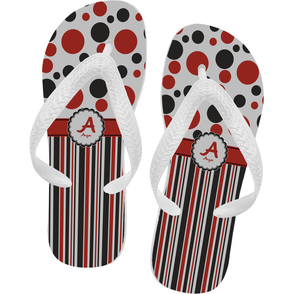 Custom Red & Black Dots & Stripes Flip Flops - Small (Personalized)